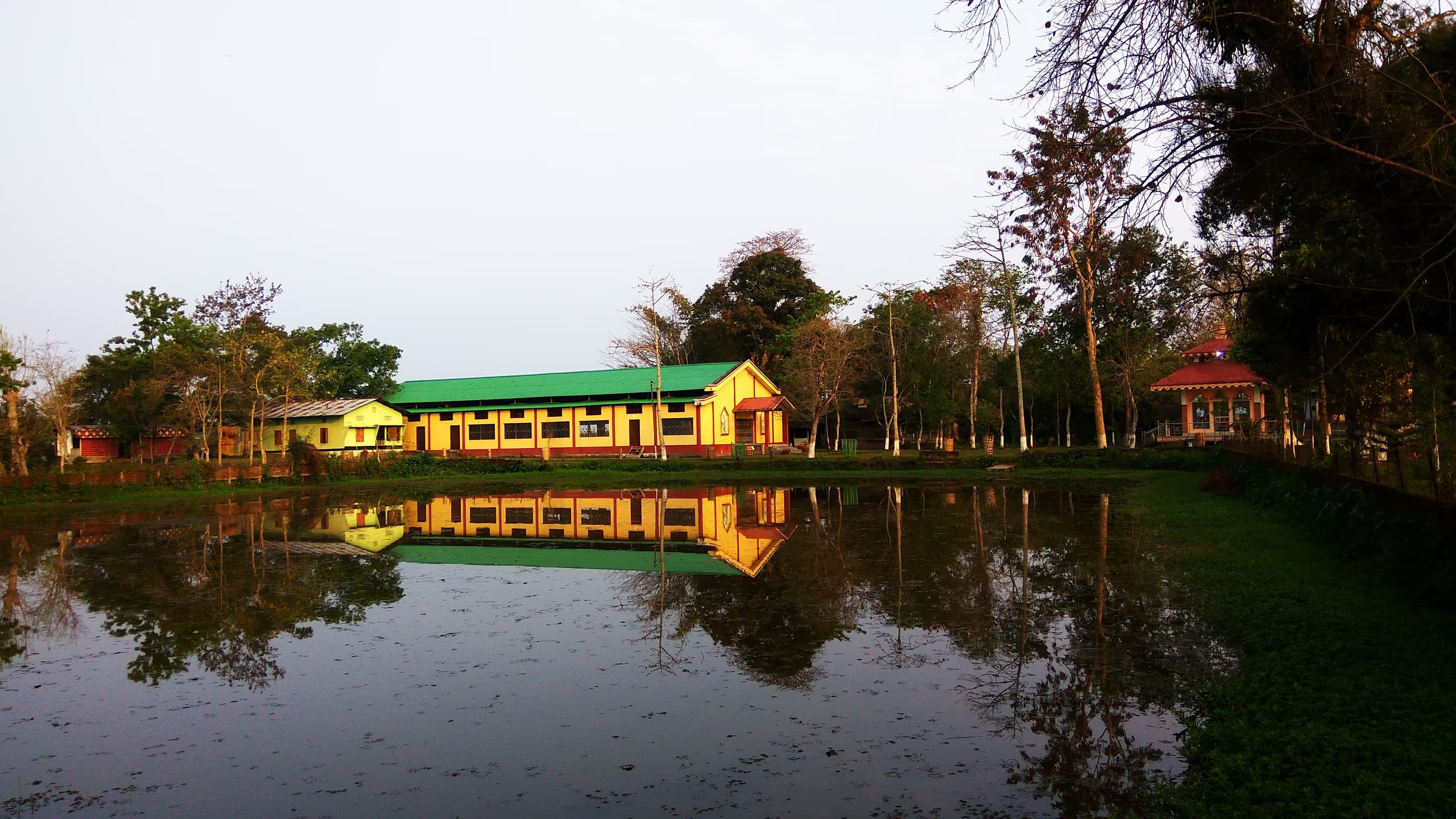 A long pitched-roof sattra building with green roof reflected in a still pond at golden hour, framed by trees, no people