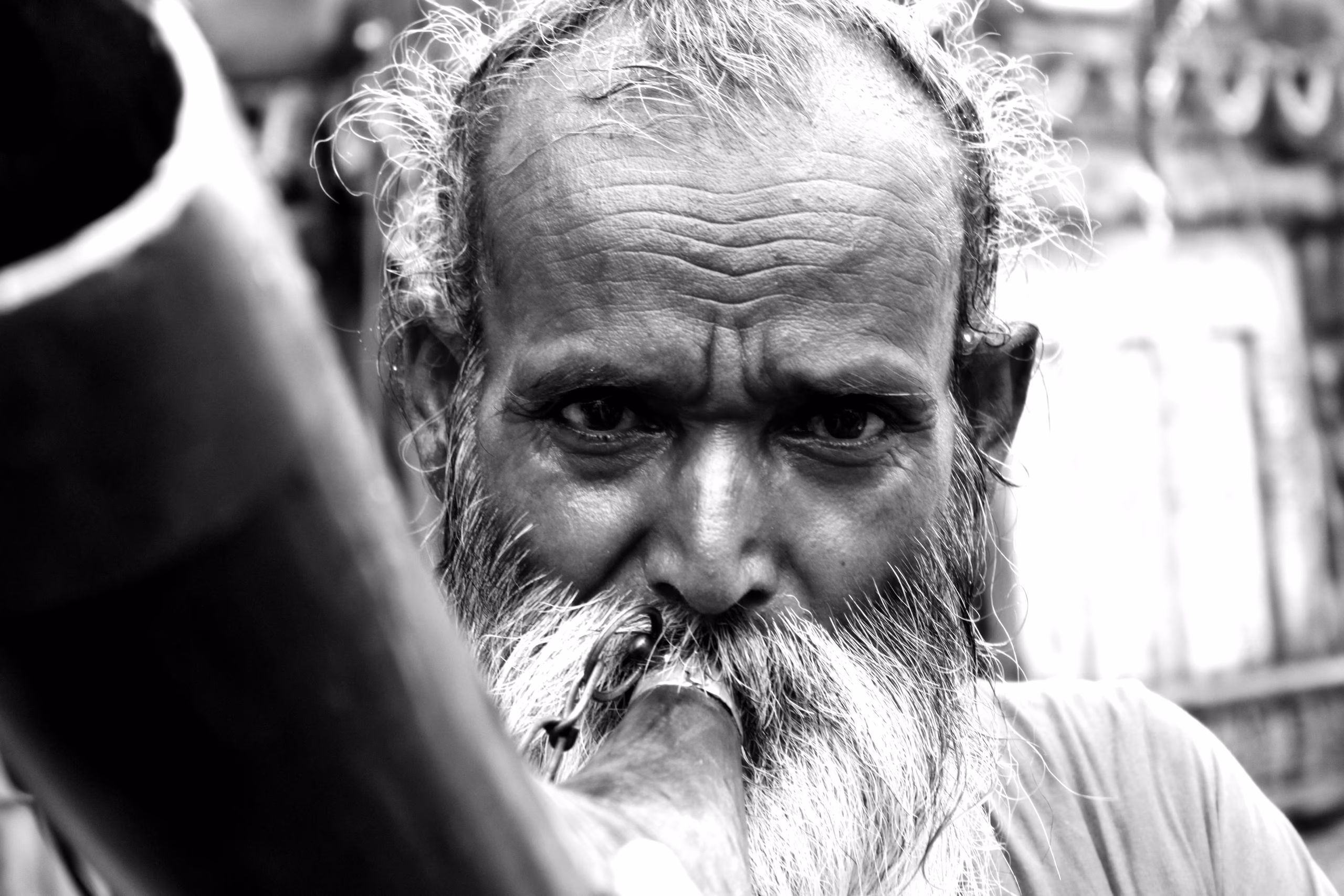 Black-and-white close portrait of an elderly sadhu with a long white beard and weathered face gazing toward the camera at the Ambubachi Mela